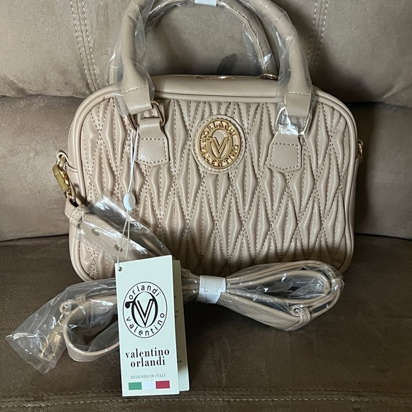 Valentino Orlandi Handbags - Valentino Orlandi Taupe Quilted Satchel Handbag w/ Gold Logo – New w/ Tags
